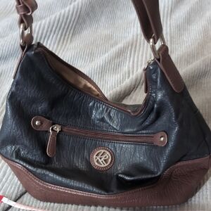 Black and Brown Leather-Textured Shoulder Bag by (Unbranded)